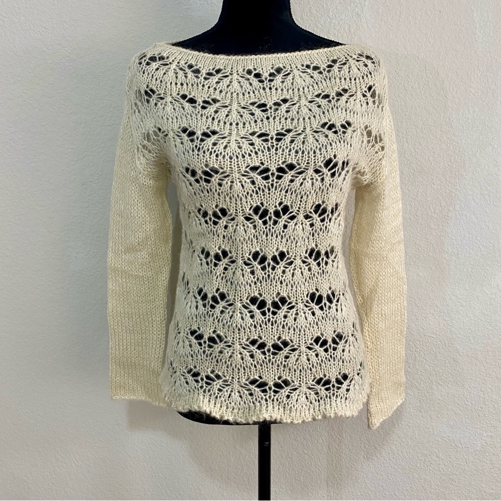 Zara Made In Italy Mohair Blend Lace Knit‎ Sweater Cream Shimmer Metallic Medium